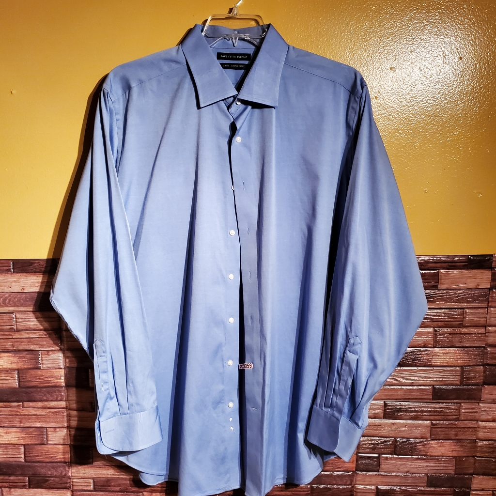 Saks Fifth Avenue Dress Shirt Mens Blue Slim Fit Long Sleeve Size 18 1/2 36/37